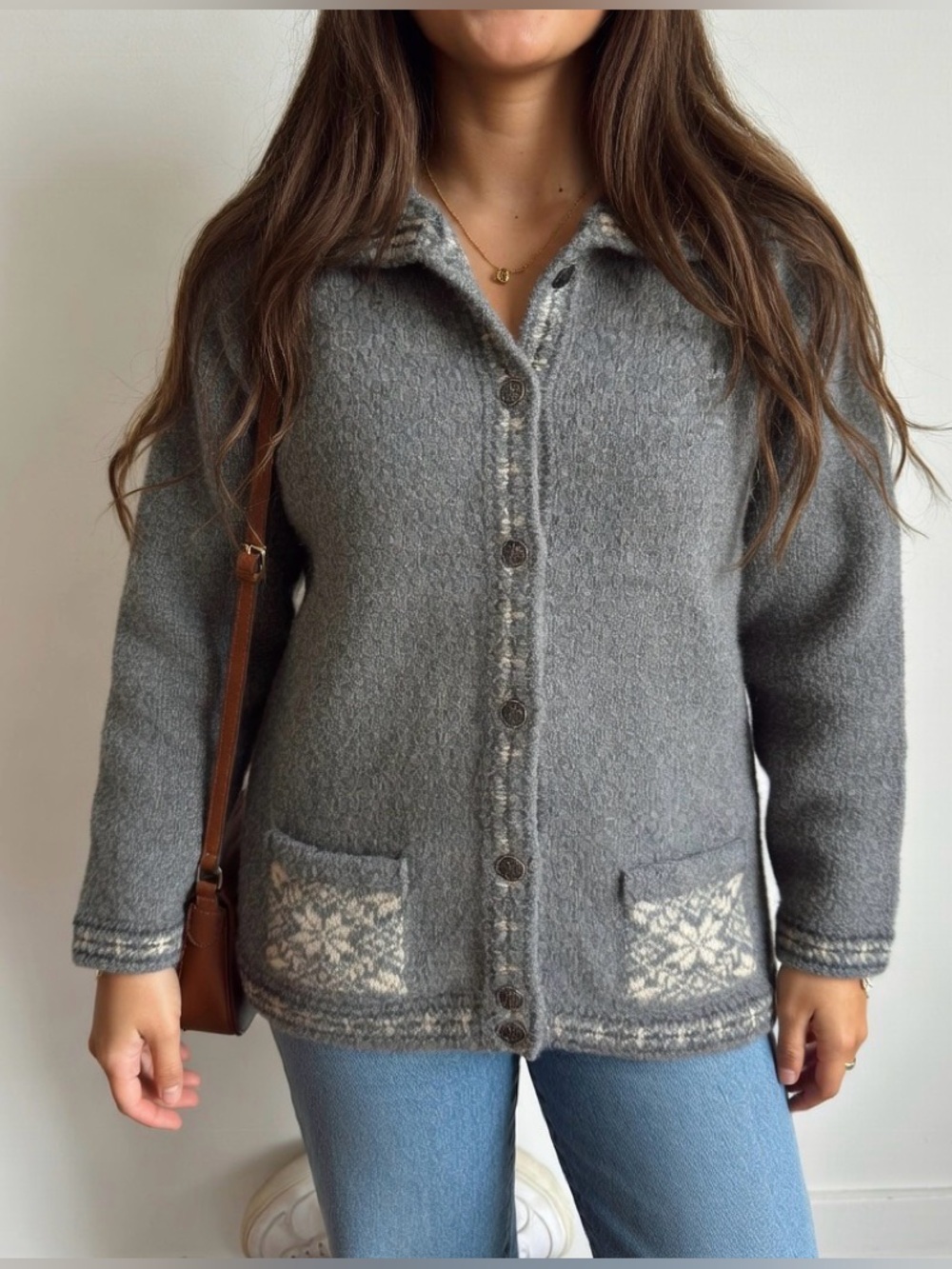 Liz Ingram Fair Isle Cardigan Blue Gray Merino Lambswool Sweater Size S